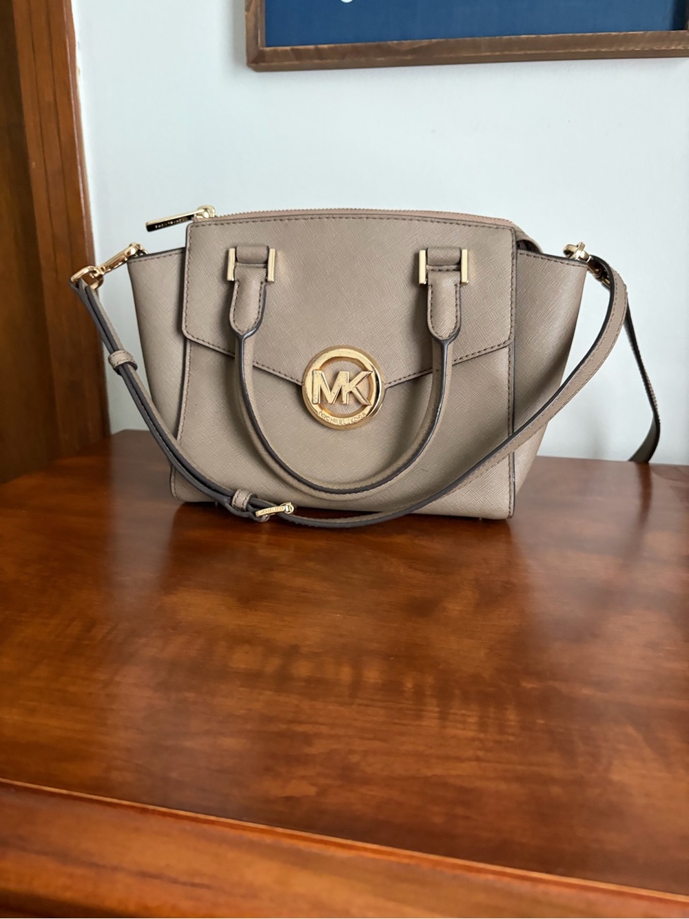 Michael Kors Taupe Saffiano Satchel with Gold MK Emblem